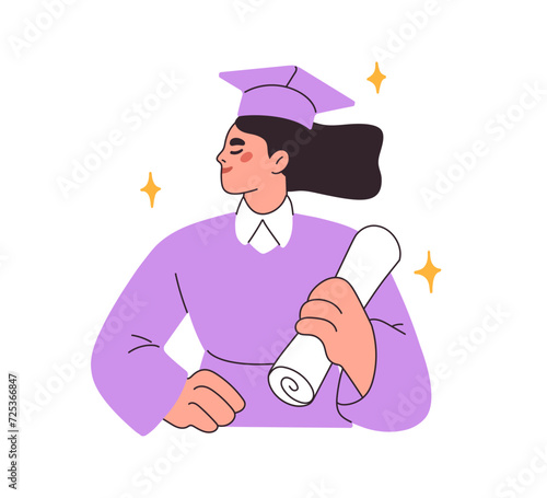 Girl student graduated from college, university. Woman in graduation cap, academic hat with diploma, certificate, bachelor and master degree. Flat vector illustration isolated on white background