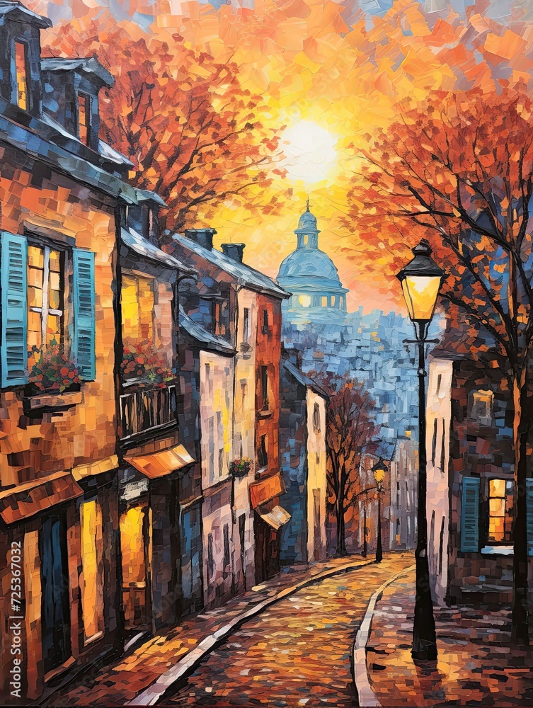 Naklejka premium Romantic Paris Street Art: Montmartre Sunsets & Scenic Prints