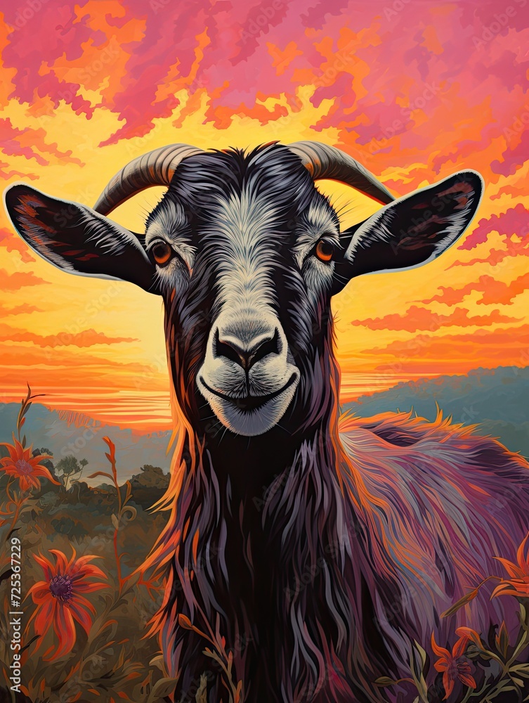 Rustic Farm Animal Portraits: Goat in Meadow, Sunset Painting, Scenic Prints Rustic Farm Animal Portraits: Goat in Meadow, Sunset Painting, Scenic Prints