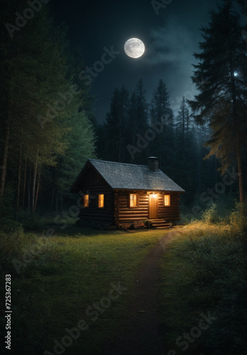 wooden cabin in the forest at night