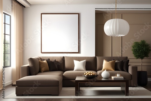 Mockup frame on the wall of living room. Apartment background with contemporary design © Hala
