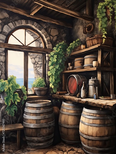 Coastal Winery Scene - Rustic Wine Cellar Art and Coastal Art Print © Michael