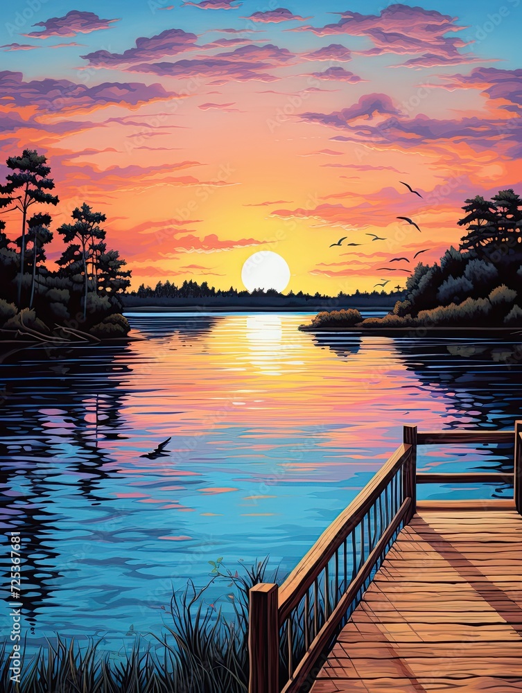 Serene Lakeside Panorama: Dock Views & Sunset Painting in Stunning Landscape Print