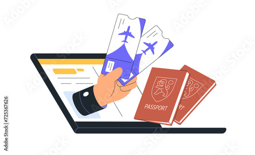 Booking and buying air flight tickets, trip, holiday travel online. Airline boarding pass with passport, documents, plane checkin in internet. Flat vector illustration isolated on white background
