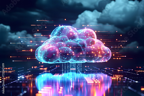 Digital data processing in the virtual cloud abstract background. Glowing digital cloud with pixels  lines  connectivity  and data flow in the virtual world. Cloud computing Background.