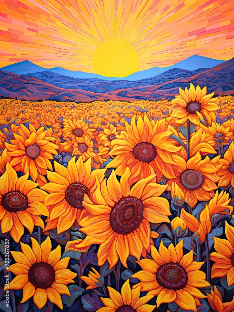Fototapeta premium Bold Sunflower Colors: Vibrant Sunflower Field Paintings in Acrylic Landscape Art