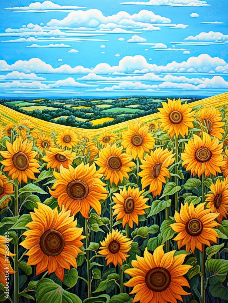 Fototapeta premium Bold Sunflower Colors: Captivating Acrylic Landscape Paintings of Sunflower Fields