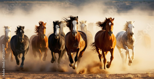 Horses run gallop in dust against. Fast free animal