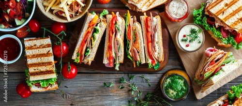 Party food jigsaw sandwich seen from above on table.