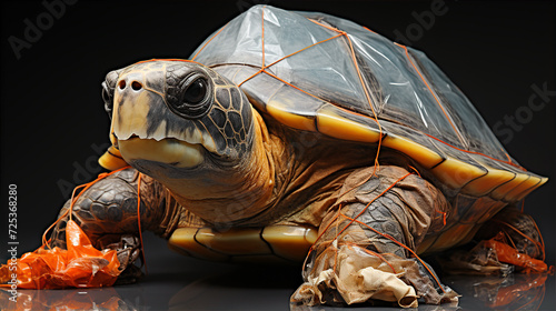 A turtle gets entangled in plastic trash. Ecology. Problems of pollution of rivers, seas, and oceans with garbage. Black background. No people