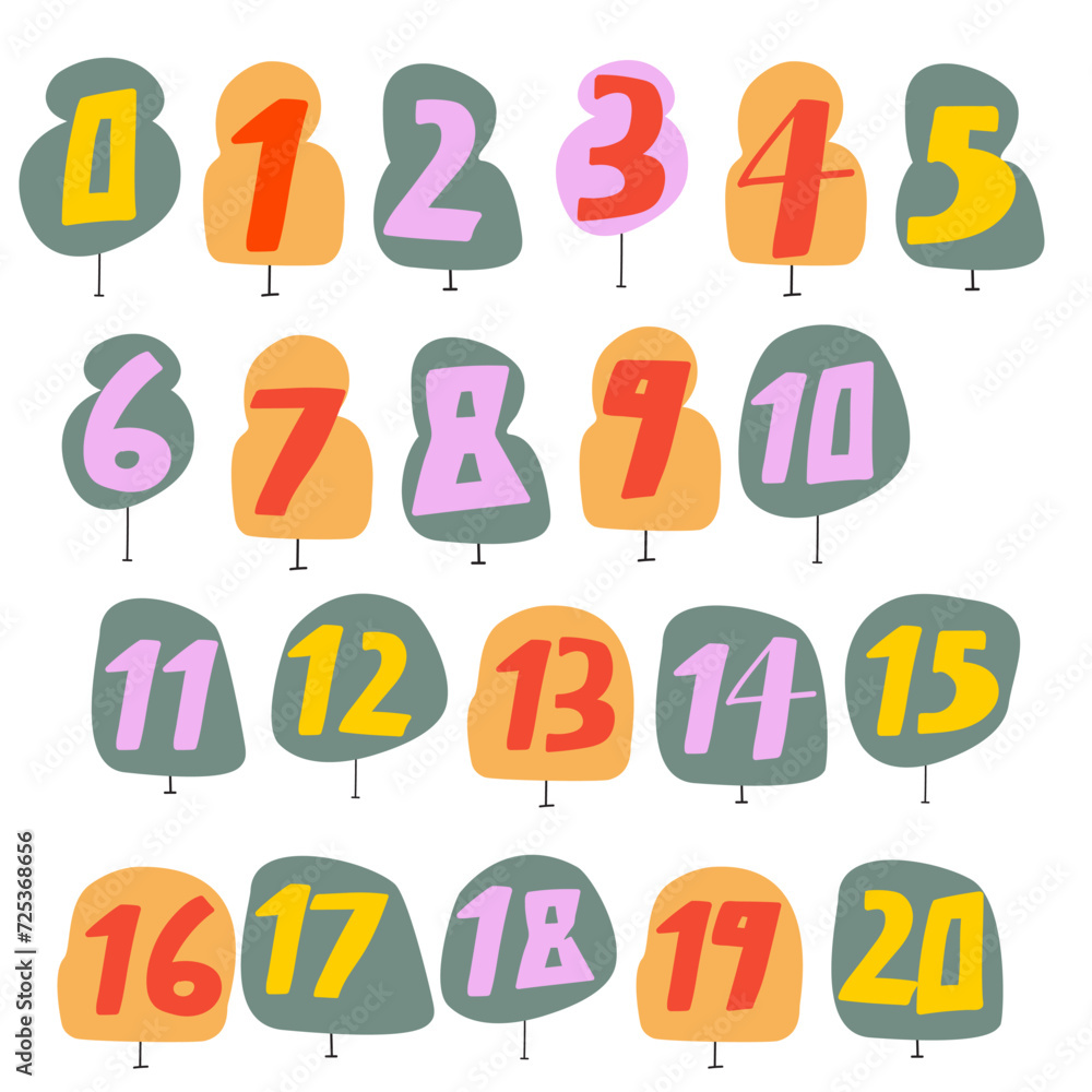 Numbers 0 - 20. Study counting for children. Vector flat design. Hand drawn illustration Numbers 0 - 20. Study counting for children. Vector flat design. Hand drawn illustration