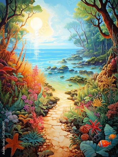 Tropical Coral Reef Pathways  Vibrant Ocean Trails and Marine Art Paintings