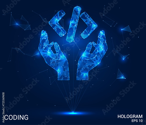 Hologram coding. The icon of the program code made of dots and lines. Coding or hacking experience. Software development and concept. Coding low-poly compound structure. Technology concept vector.