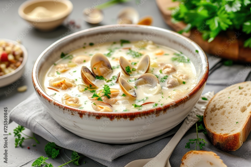 New England clam chowder soup white farmhouse kitchen background New England clam chowder soup white farmhouse kitchen background