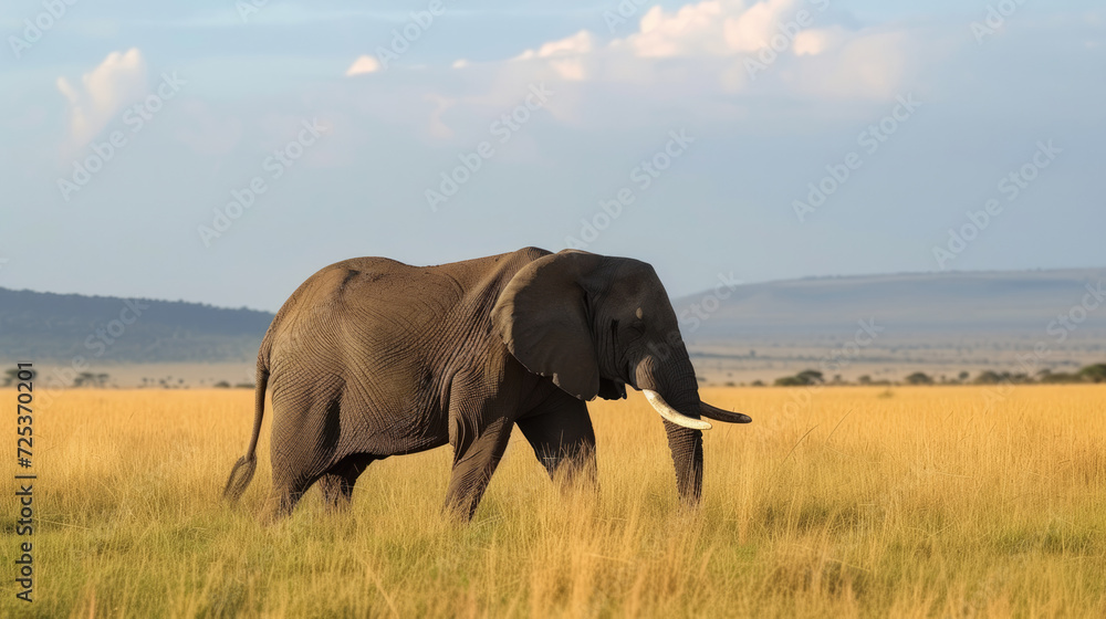 African elephant Loxodonta africana walks swinging trunk in sunshine in Serengeti national park in Tanzania