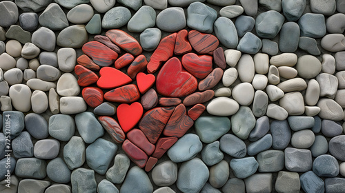 Heart made of different red pebbles surrounded with grey stones. Nature inspired design for Valentines day.. photo