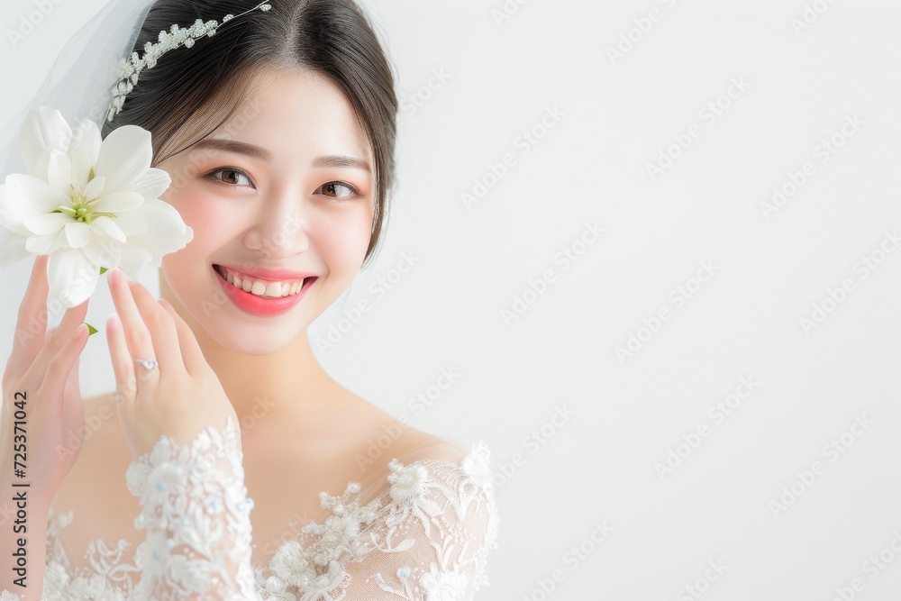 お花を持つウェディングドレス姿の笑顔の日本人女性(前撮り・結婚式・ウェディングフォト) お花を持つウェディングドレス姿の笑顔の日本人女性(前撮り・結婚式・ウェディングフォト)