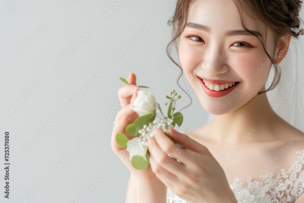 お花を持つウェディングドレス姿の笑顔の日本人女性(前撮り・結婚式・ウェディングフォト) お花を持つウェディングドレス姿の笑顔の日本人女性(前撮り・結婚式・ウェディングフォト)