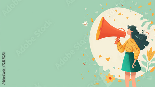 Woman Holding Loudspeaker, Sharing News, Standing Over Pastel Background with Copy Space - AI Generated Abstract Art photo
