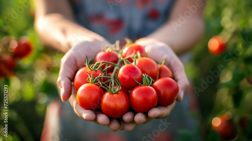 Fresh and ripe red tomatoes in hands garden backdrop organic agriculture and a healthy harvest