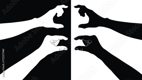 set of hand silhouettes isolated on white and black background, Vector collection of human hands of different gestures, hands gesturing black, Black hands silhouettes, vector illustration