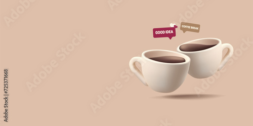 Two ceramic cups with coffee. 3D. For advertising concepts of hot drinks, rest breaks. Vector