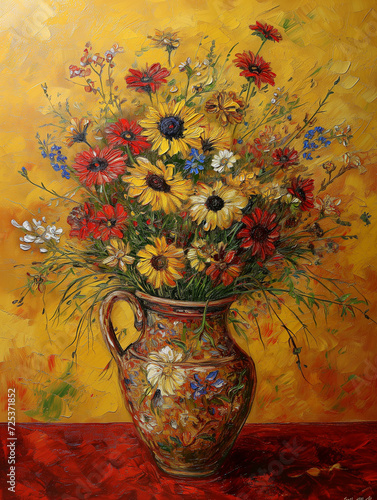 Painting vase of flowers vibrant bouquet of summer flowers, including roses and daisies
