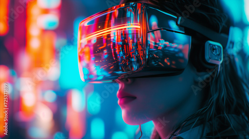A closeup of a gamer in a VR helmet, facial expressions illuminated by neon light © pisan thailand