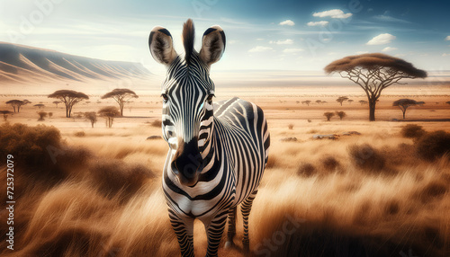 Widescreen panoramic image of a zebra in its natural savanna habitat