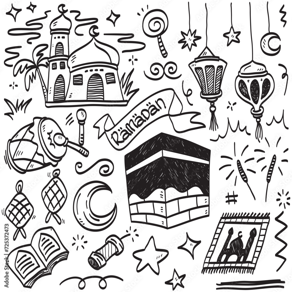 Set of vector doodle element related to Eid Mubarak. Set of hand drawn symbols and icons for holy Muslim festival Eid ul-Fitr.