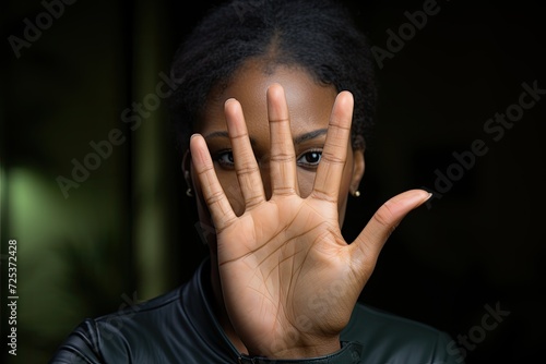 Close up focus of African American woman show palm hand against racial gender discrimination. Determined mixed race female make sign gesture protest against domestic violence or abortion photo