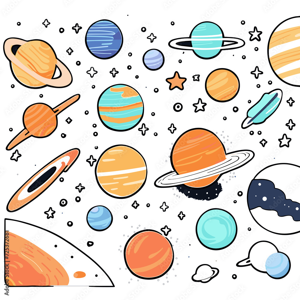 Set of Hand drawn Cosmic Ballet of Planets and Stars, Space Collections Set of Hand drawn Cosmic Ballet of Planets and Stars, Space Collections