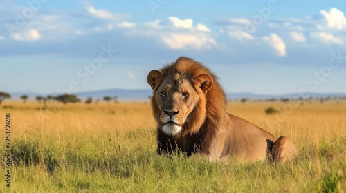 Single lion looking regal standing proudly on a small hill in Serengeti