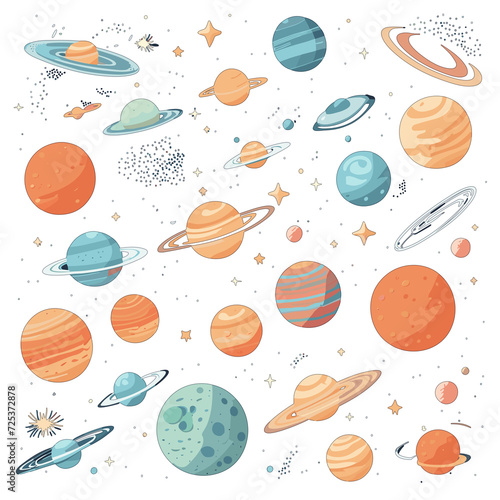 Set of Hand drawn Cosmic Ballet of Planets and Stars, Space Collections