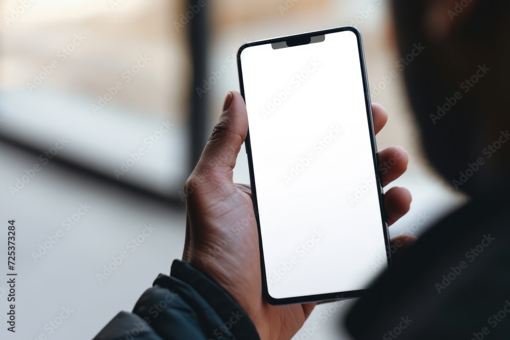 Mockup image of a woman holding a smartphone with white screen Mockup image of a woman holding a smartphone with white screen