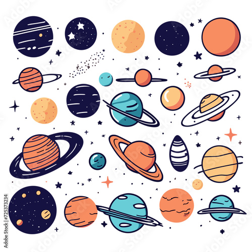 Set of Hand drawn Cosmic Ballet of Planets and Stars, Space Collections