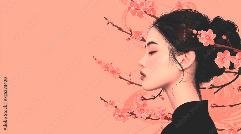Asian young woman with a black braid decorated with flowers. Light pale pink background