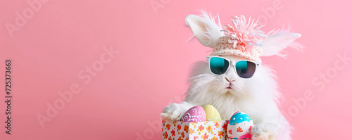 Funny white rabbit in glasses and hat holding a gift box with eggs on pink background photo