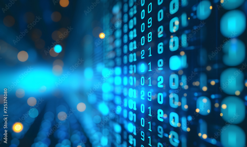 Obraz premium Binary data over a blue background with blurry pixels, featuring a bokeh effect. The illustration showcases blue digital binary code on a computer screen, creating a technological and abstract visual.