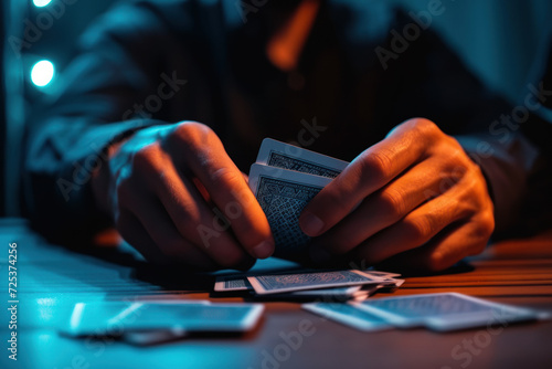 Close-up of hands skillfully handling playing cards, with a moody, dimly lit ambiance. photo