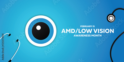 AMD Low vision awareness month. With vector illustration of eye and stestopskop. Banners, cards, posters, social media and more. Blue Background