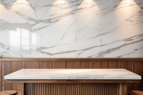 Frontal view of empty podium counter wood background kitchen board desk restaurant top white light marble presentation interior © Giuseppe Cammino