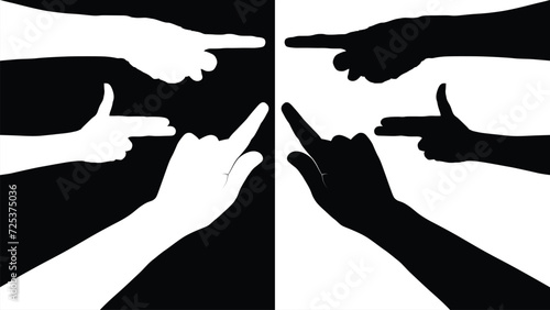 set of hand silhouettes isolated on white and black background, Vector collection of human hands of different gestures, hands gesturing black, Black hands silhouettes, vector illustration