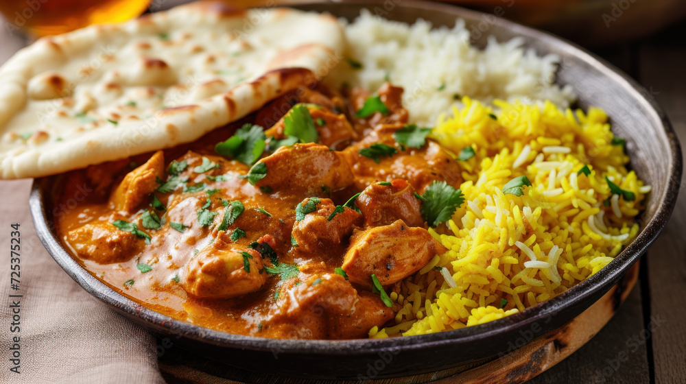 Indian curry dish with rice and naan bread.
