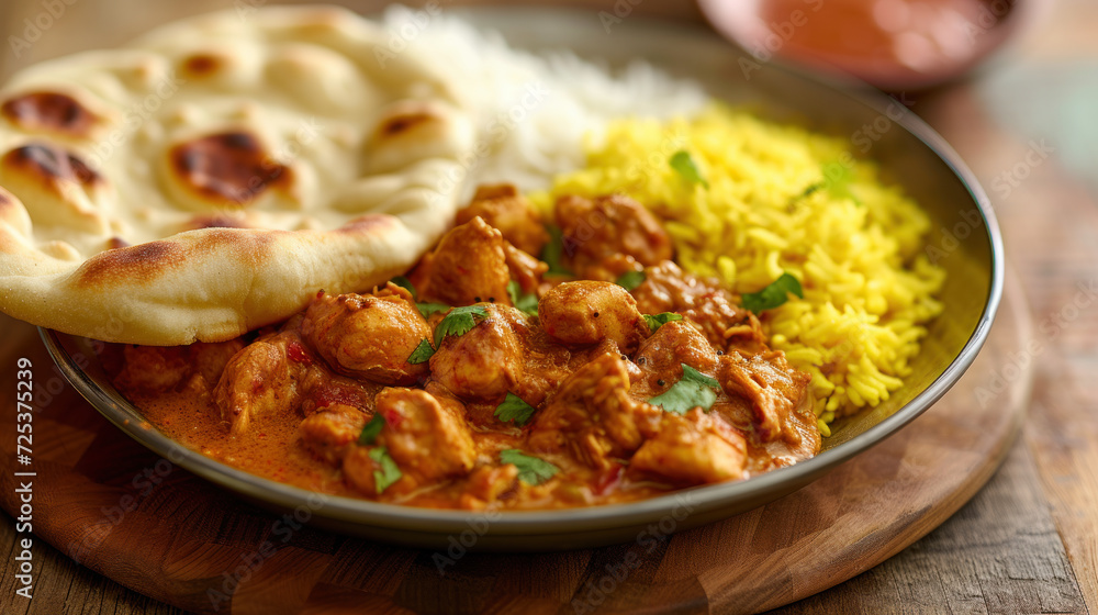 Indian curry dish with rice and naan bread. Indian curry dish with rice and naan bread.