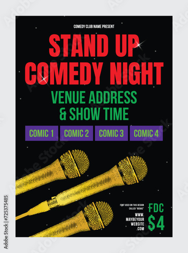 Modern Poster Card Of Stand Up Comedy Show. Shiny Microphone, Open mic night, black Background And Entertainment Depicted On Comedy Performance Banner. vector Illustration, gold mic