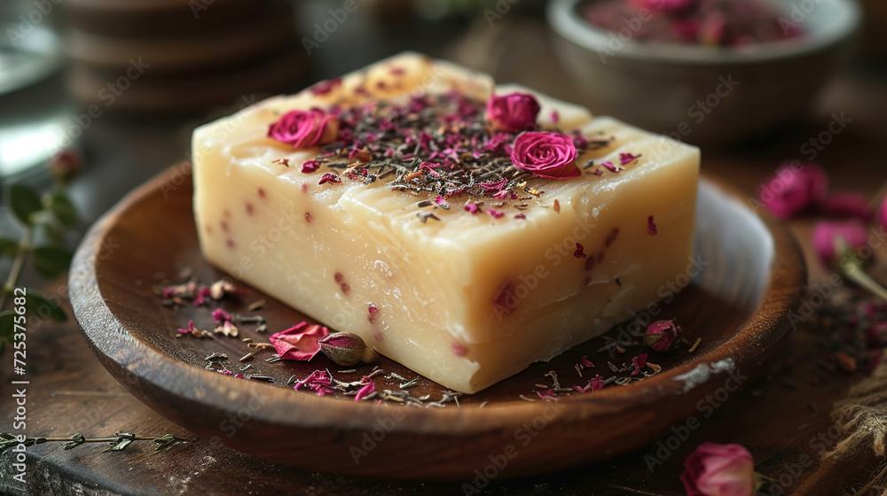 Adorned Rose-Infused Soap With Rose Oil Extract And Dry Rose Flowers Adorned Rose-Infused Soap With Rose Oil Extract And Dry Rose Flowers