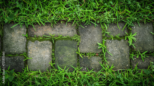 Green grass and moss growing between old paving stones.