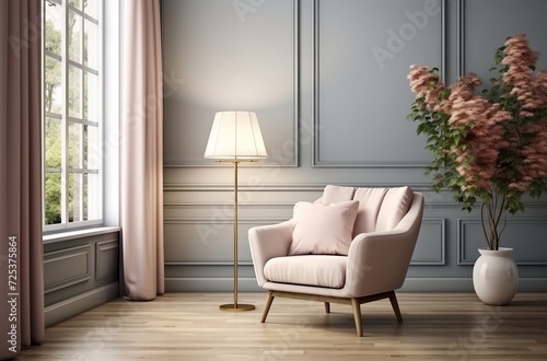 Stylish living room adorned with an abstract frame poster, featuring modern interior design, accompanied by a 3D render and illustration. Made with generative AI technology © Shamsuddin