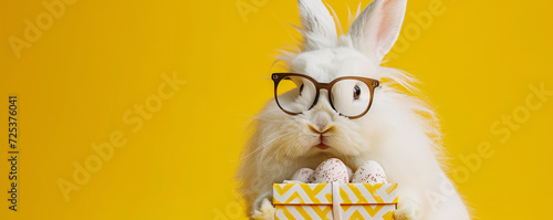 A white rabbit with glasses holds a gift box of eggs against a yellow background photo